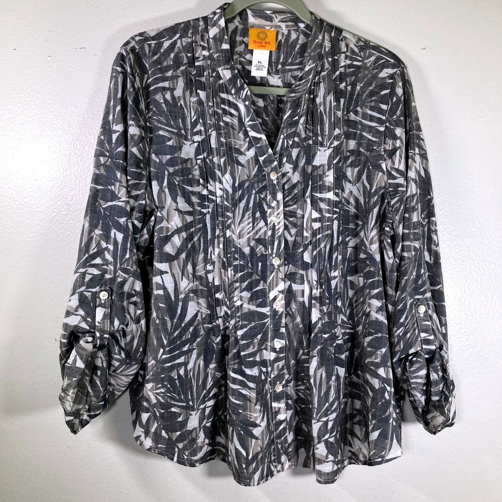 Ruby Rd Women L Petite Grey Tropical Leaf Pintuck Roll Tab Sleeve Blouse Top